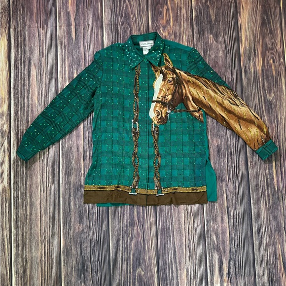 Vintage Diane Gilman 100% Silk Sequins Horse Green Plaid Button Down Blouse - Picture 4 of 7